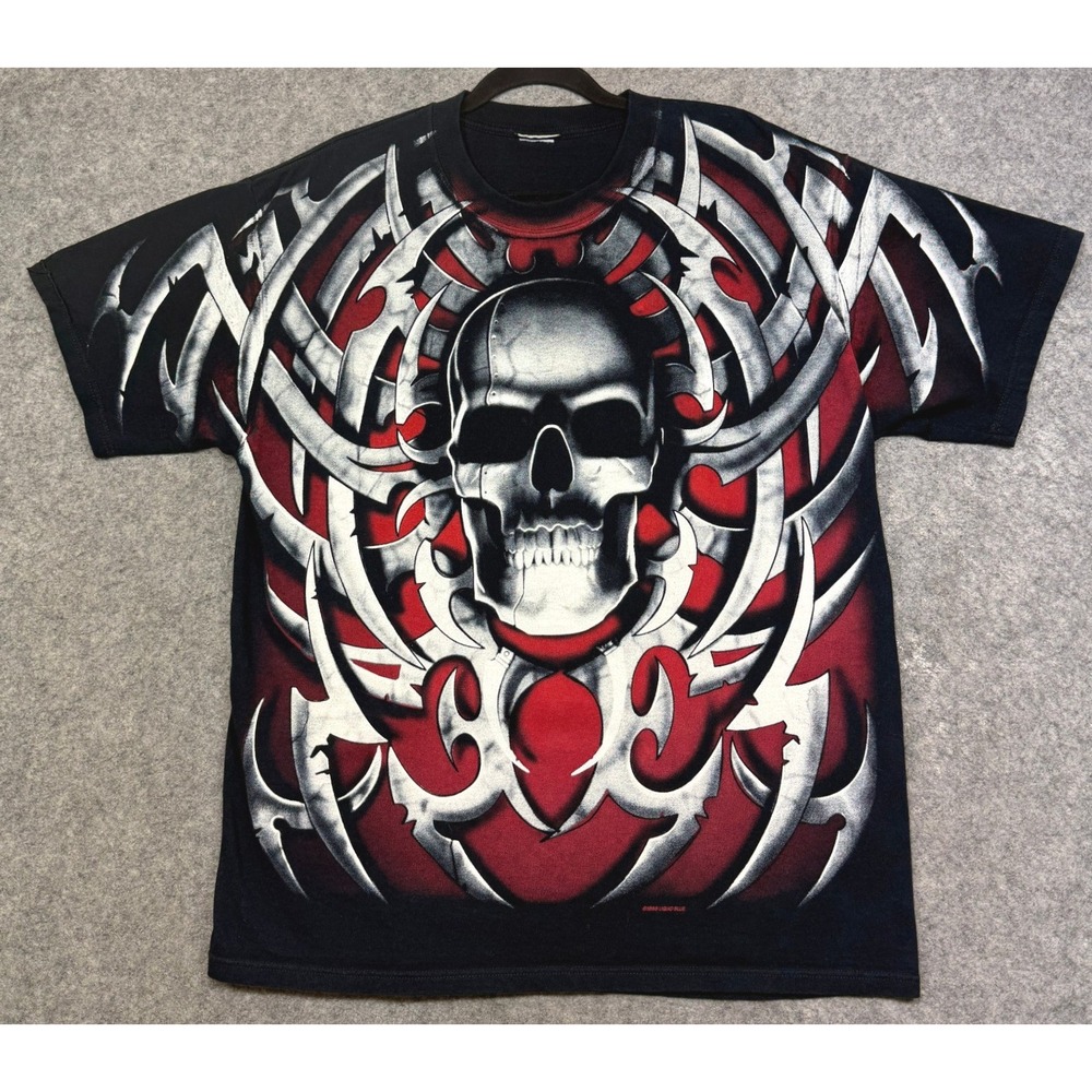 Vintage 1998 Liquid Blue AOP Skull Tribal Blades Double Sided T Shirt XL 90s
